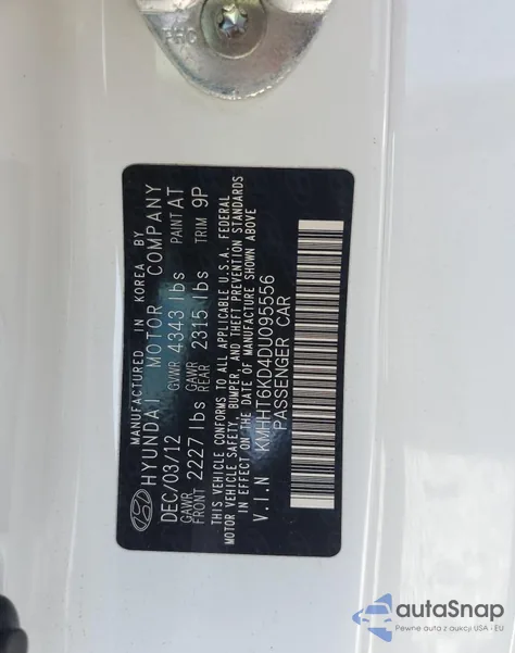 2013 Hyundai Genesis Coupe 2.0T из США, поврежденный, VIN KMHHT6KD4DU095556